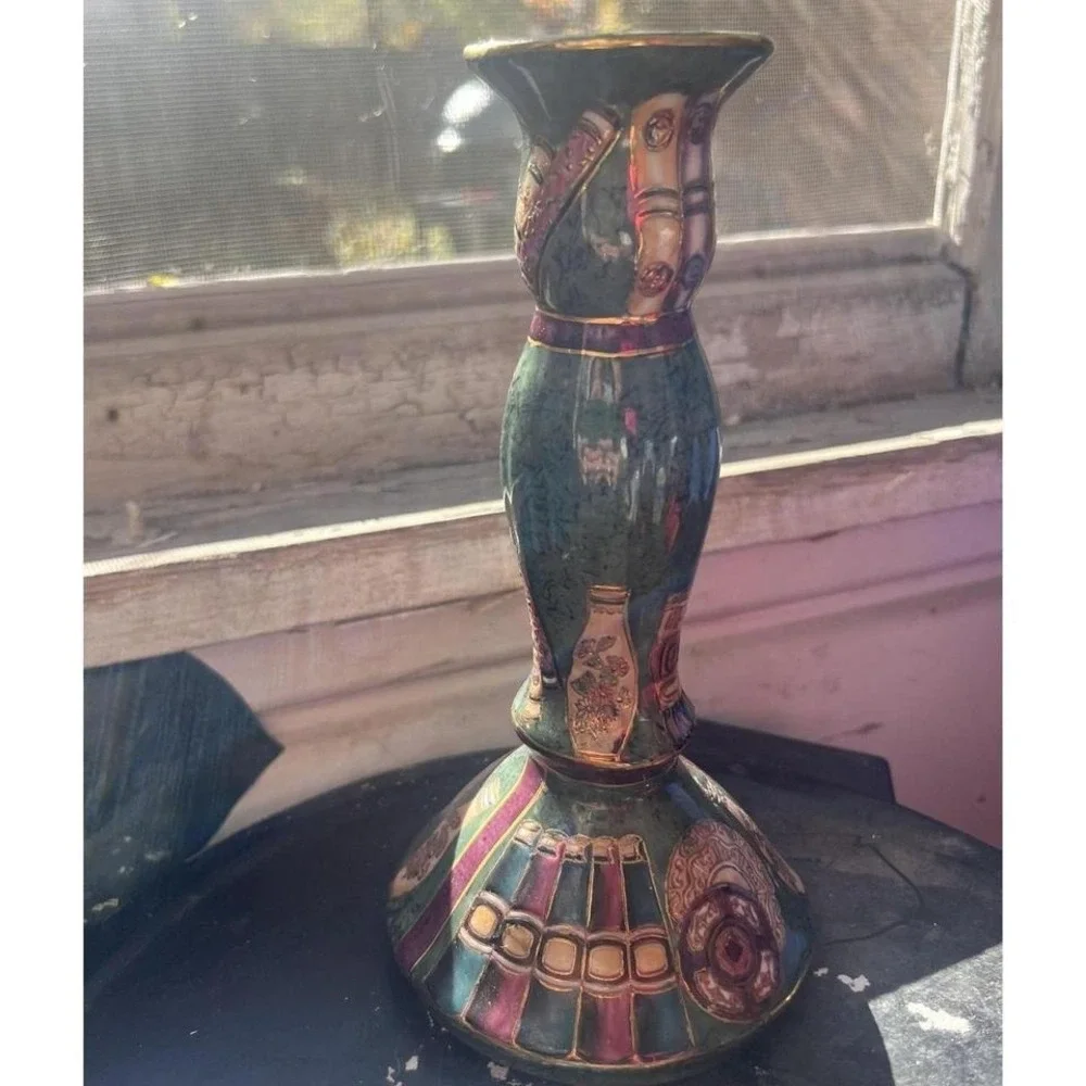 Decorative Porcelain Candlestick Holder Gilt Green Multicolor Asian Motif Enamel